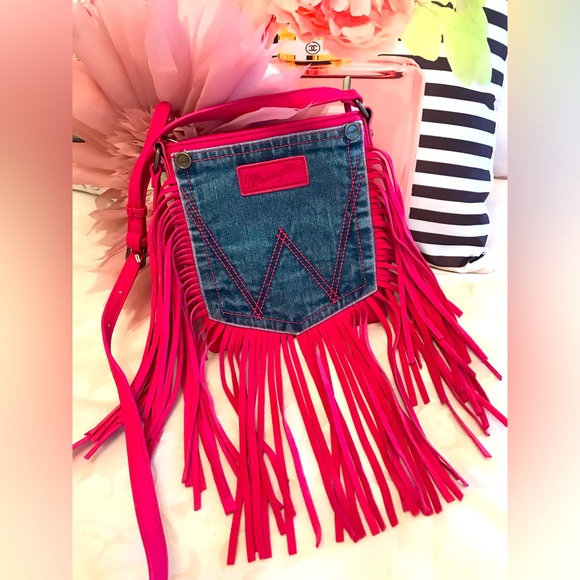 Wrangler Handbags - Wrangler, Ladies, Hot Pink Leather & Jean, Crossbody Fringe Purse.  NEW